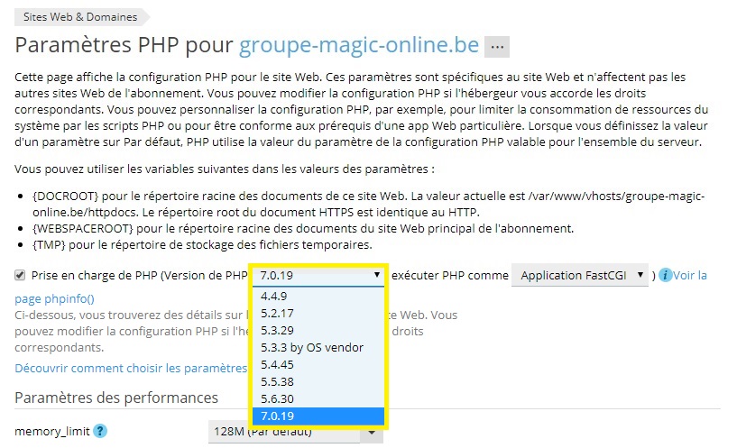 Choisir la version de PHP