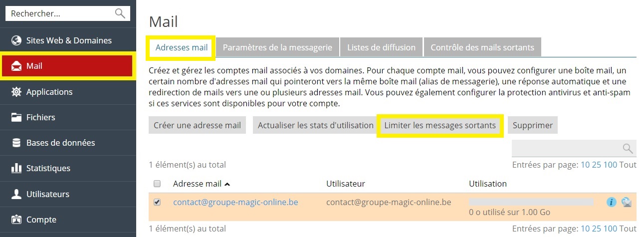 Limitar los mensajes salientes de una dirección de correo electrónico desde plesk