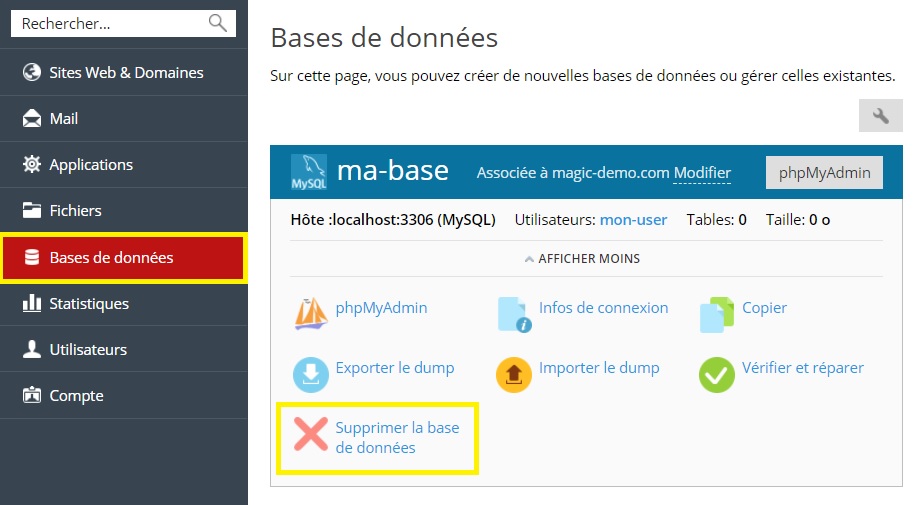 Suppression d'une base de données depuis plesk