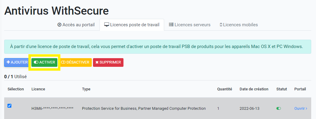 Activer une licence WithSecure