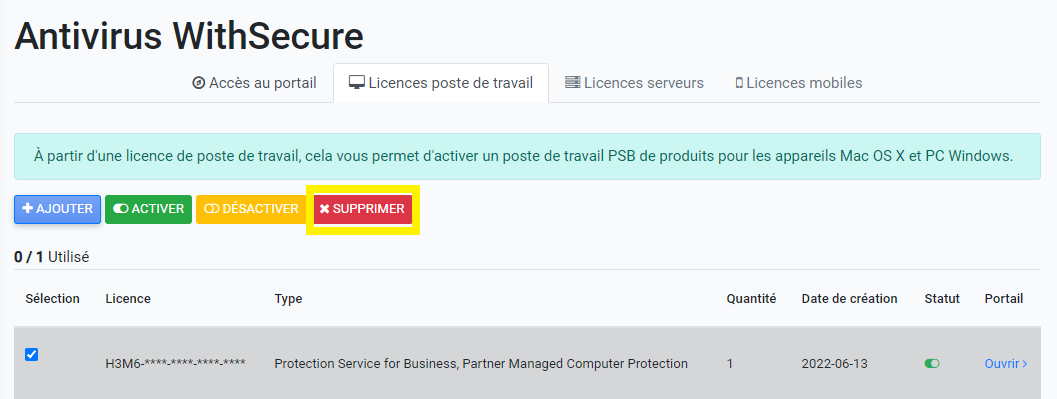 Supprimer une licence WithSecure