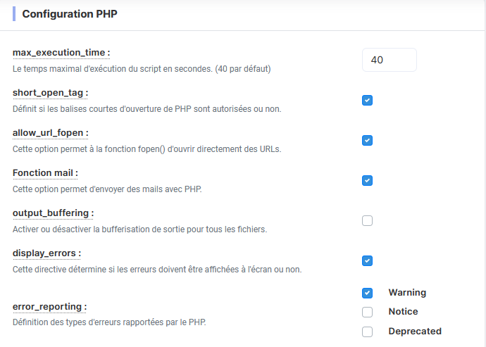 Modifier la configuration et la version de PHP